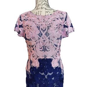 J S Collections Navy & Pink 3D Embroidered Lace Midi Dress Size 6 Wedding Formal